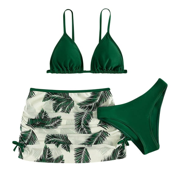Girls Swimsuit Kids Girls 3 Piece Swimsuits Leaf Print Bathing Suit Solid Bikini Tops Underpants Print Skirt Swimwear Set Bikinis for Teen Girls Green 12-14 Years