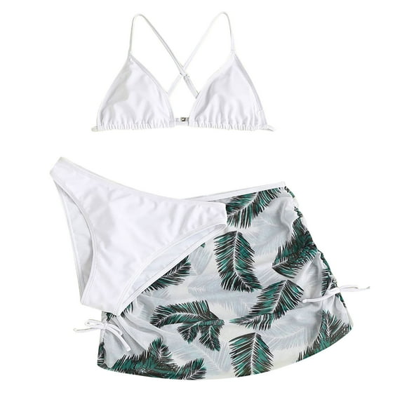 Girls Swimsuit Kids Girls 3 Piece Swimsuits Leaf Print Bathing Suit Solid Bikini Tops Underpants Print Skirt Swimwear Set Bikinis for Teen Girls White 6-9 Years