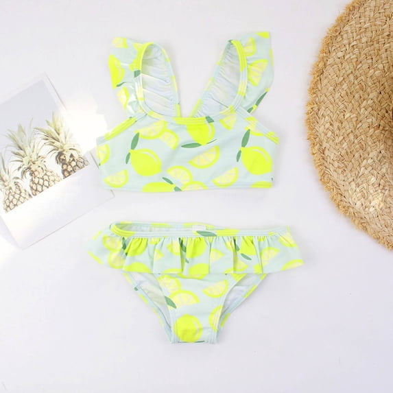 Girls Swimsuit Kids Lemon Print Ruffled 2 Piece Bikini Swimsuit Set Baby Girl Bathing Suit Light Gray 3-4 Years