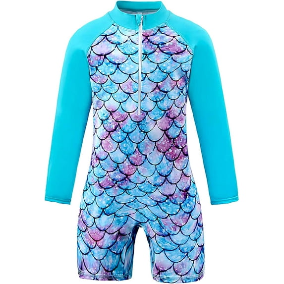 Girls Swimsuit Kids Mermaid One-Piece Bathing Suit Swimwear for Toddler Long Sleeve Rash Guard Size 3-14 Years
