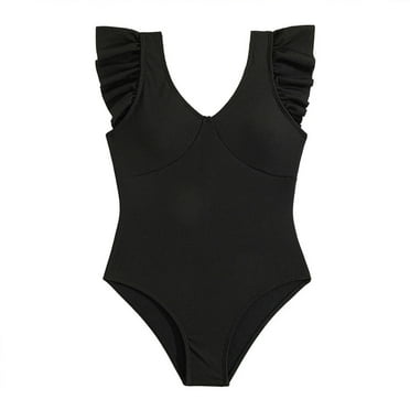 Girls Swimsuit Kids One Piece Ruffle Sleeve Black Tankini Deep V Tummy Protected Swimwear Bathing Suit Swim Suit Size 7-8