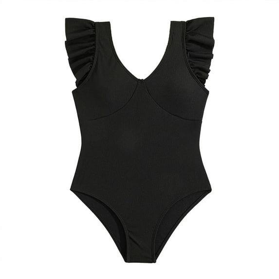 QWIED Girls Swimsuit Kids One Piece Ruffle Sleeve Black Tankini Deep V Tummy Protected Swimwear Bathing Suit Swim Suit Size 7-8
