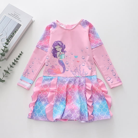 Girls Swimsuit Kids Sun Protective Mermaid Print Long Sleeve Dress Style One Piece Swimsuit Girls Bathing Suit Size 9-10Y