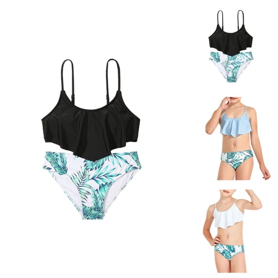 Girls Swimsuit Leaf Print Swimsuit Girls Two Piece Swimsuit with Shorts Modest Leaf Patterned Bathing Suit for 7-14 Years Old Quick-Dry Pool Wear