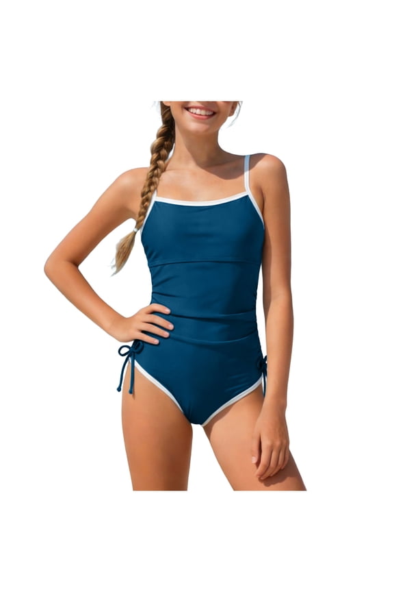 Girls Swimsuit One Piece Bathing Suit Solid Color Strap Swimwear Drawstring Swimsuits for Teens 7-16Y with Padded