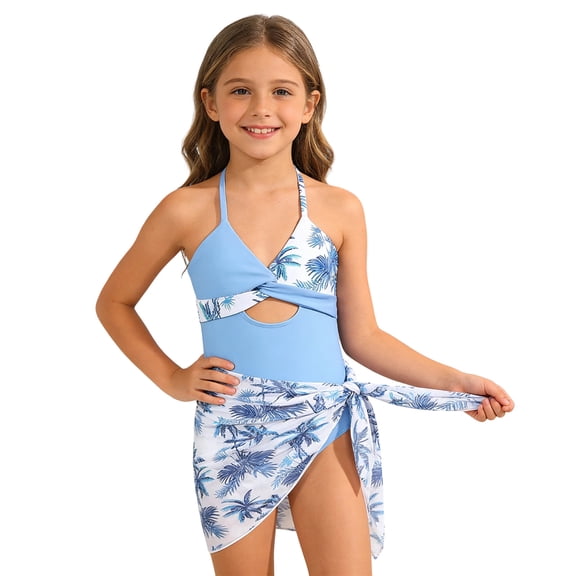 Girls Swimsuit One Piece Cut Out Tropical Print Swimsuit With Back And Skirt For Juniors And Teens Bathing Suit Floral Print Size 15-16T