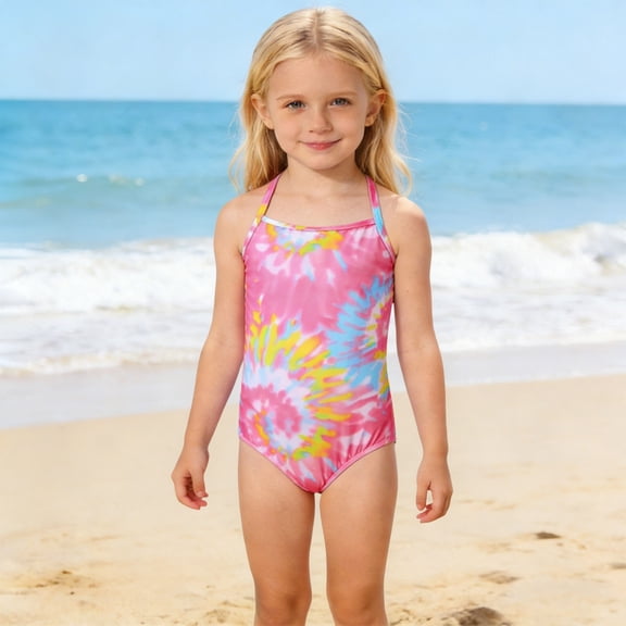 Girls Swimsuit One Piece Print Cover Up Colorful Floral UPF Protection Stretchy Quick Dry Bathing Suit for Toddler And Youth Pink Size 5-6 Y