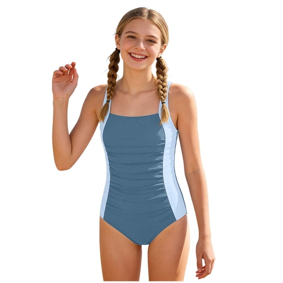 Girls Swimsuit One Piece Ruched Bathing Suit for Teen Girl Color Block Adjustable Straps Padded Swimwear 7-16 Y Girls Rash Guard Swimsuit One Piece