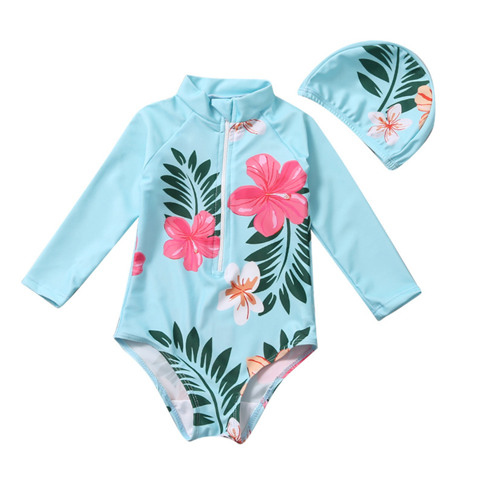 Ketors Girls Summer Long Sleeve Floral Leaf Print Swimwear with Hat, Blue (12-18 Months)