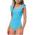thumbnail image 1 of Girls Swimsuit One Piece Sky Blue Tank Bathing Suit for Kids Teens, Ruched Square Neck Ruffle Strap High Cut Quick Dry Chlorine Resistant Swimwear,Size 14-15 T, 1 of 7