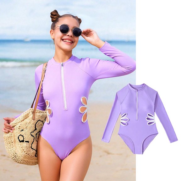 Girls Swimsuit One Piece Solid Color Long Sleeve Front Zip Rash Guard Teen and Juniors Monokini Bathing with Side Hollow Out Purple Size 14-15 Y