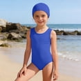 thumbnail image 1 of Girls Swimsuit One Piece Solid Color Ruffle Tankini with Matching Cap Summer Beach Comfortable Swimwear Blue Size 7-8 Y, 1 of 4