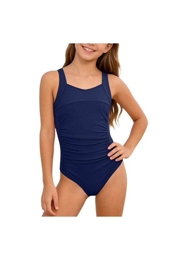 Girls Swimsuit One Piece Swimsuits Solid Ruched Bathing Suit for Girls Full Coverage Modest Padded Swimwear/Dark Blue