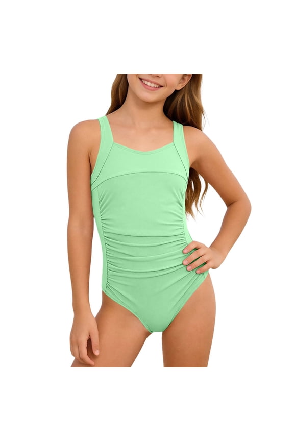 Girls Swimsuit One Piece Swimsuits Solid Ruched Bathing Suit for Girls Full Coverage Modest Padded Swimwear/Light Green