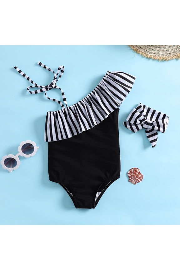 Girls Swimsuit One Shoulder Stripe Print Toddler Triangle Bikini Bathing Child Swimming Pool Beach