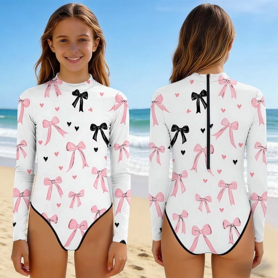 Girls Swimsuit Print One Piece Swimsuits Long Sleeve Bathing Suits Vacation Beach Swimwear with Back Zipper for 2-13 Years