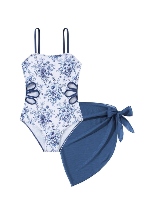 Girls Swimsuit Quick Dry Cut Out One Piece Bathing Suit Adjustable Straps Swimwear with Cover Up Skirt Size 7-14