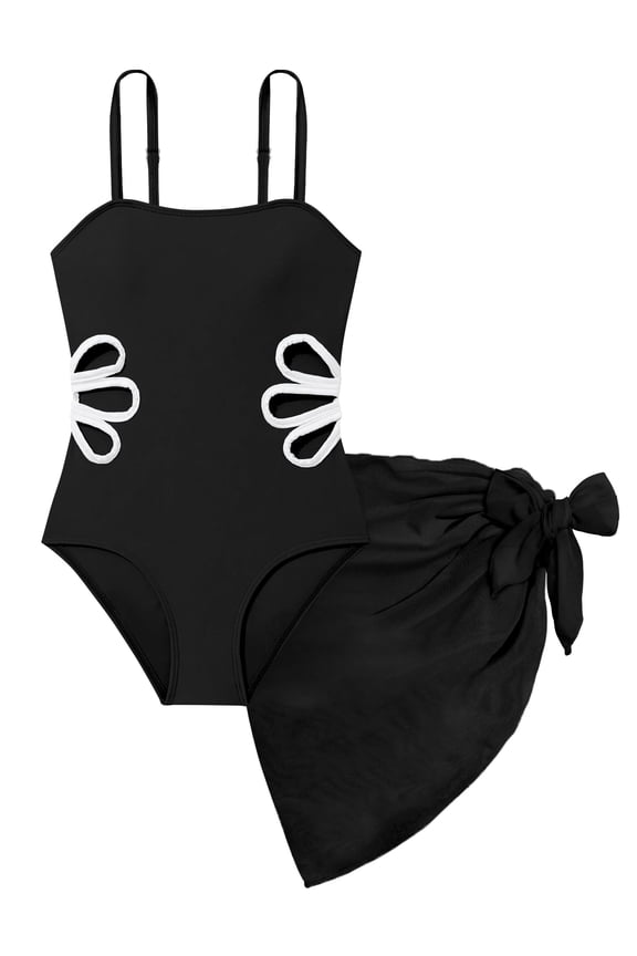 Girls Swimsuit Quick Dry Cut Out One Piece Bathing Suit Adjustable Straps Swimwear with Cover Up Skirt Size 7-14