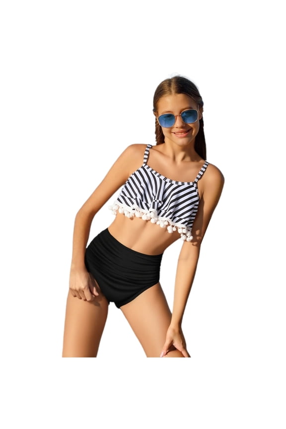 Girls Swimsuit Rash Guard Bathing Suit Bikini with Ruffle Fringe Trim Two Piece Swimsuits for Beach Pool Water Sports Swimwear 13-14 Years