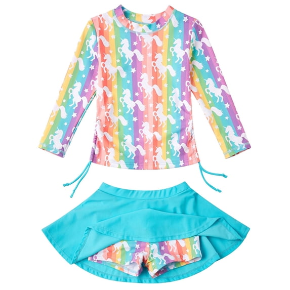 Lanbubble Girls Swimsuit Rash Guard Set 2 Piece Long Sleeve Bathing Suit Swim Skirt with Shorts 7-8 Years