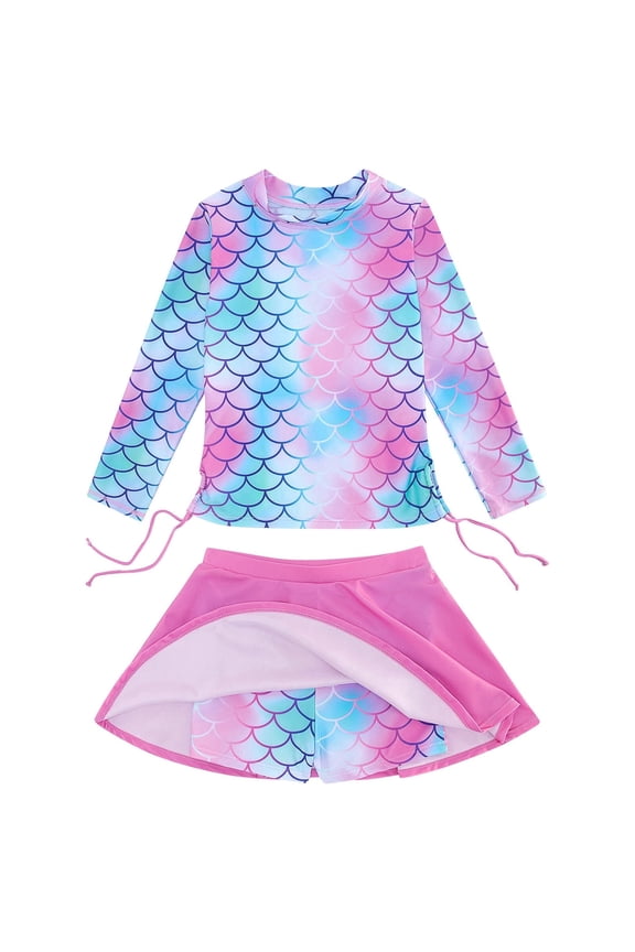 Girls Swimsuit Rash Guard Set 2 Piece Long Sleeve Bathing Suit Swim Skirt with Shorts 5-6 Years