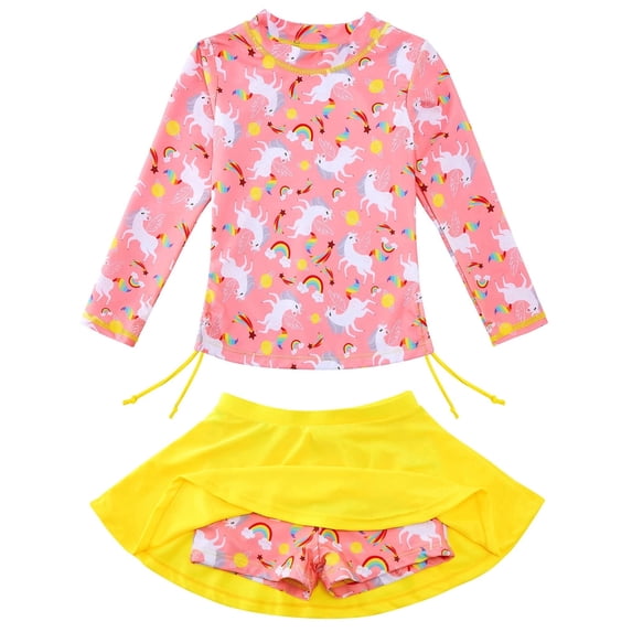 Lanbubble Girls Swimsuit Rash Guard Set 2 Piece Long Sleeve Bathing Suit Swim Skirt with Shorts 7-8 Years