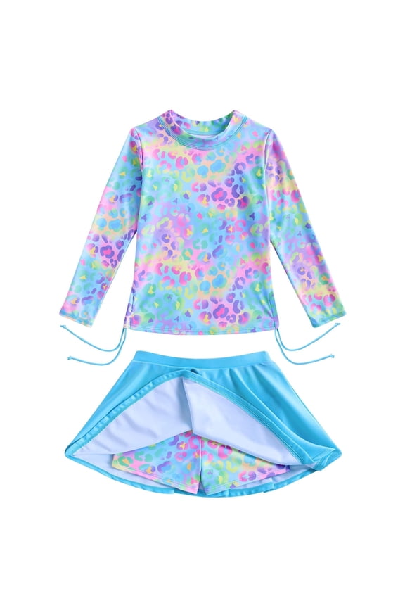 Girls Swimsuit Rash Guard Set 2 Piece Long Sleeve Bathing Suit Swim Skirt with Shorts 7-8 Years