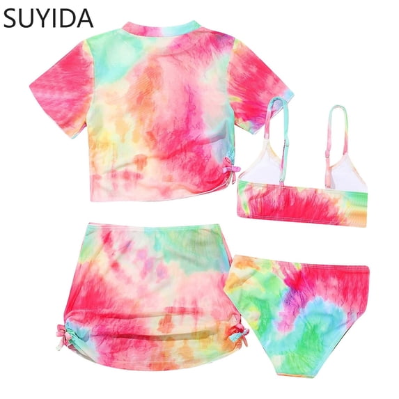 Girls Swimsuit Rash Guard Modest Bikini Adjustable Straps Girls Tankini Swimsuit 3pcs Contrast Trim Ruffle Bathing Suit