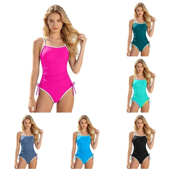 Girls Swimsuit Ruched 1-Piece Bathing Suits Quick Dry Swimwear Padded Bathing Suit for Girls 13-14 Years