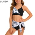thumbnail image 1 of Girls Swimsuit Ruched Side Bikini Sets Adjustable Strap Tankini Set 3-Piece Contrast Trim Girls Dress Up Clothes, 1 of 4