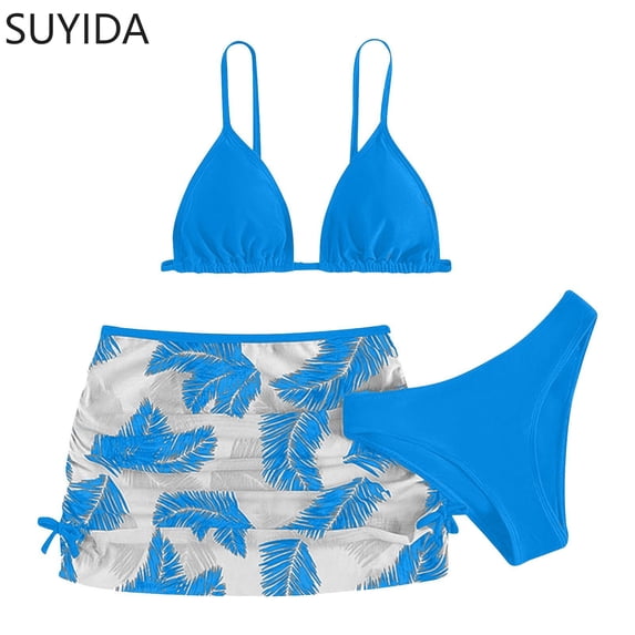 Girls Swimsuit Ruffle Bikini Set Drawstring Bottoms Tankini 3 Piece Contrast Trim Girls Bathing Suits Size 14-16
