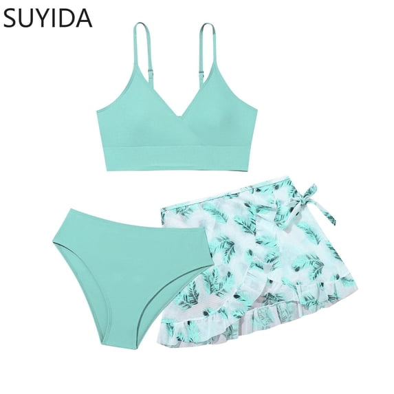 Girls Swimsuit Ruffle Bikini Spaghetti Strap Girls Tankini Swimsuit 3 Piece Tropical Printed Bathing Suit