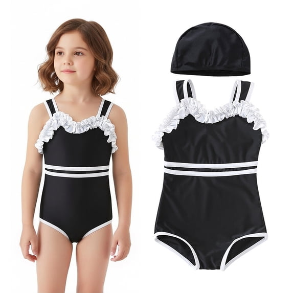 Girls Swimsuit Ruffle Trim 1 Piece Swimming Suits Quick Dry Summer Swimwear with Swim Cap Kids Swimsuits for Girls 6-7 Years