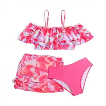 Girls Swimsuit Ruffled Three Piece Middle and Older Children's Swimwear Children's Bikini Set Swim Suit Size 7-8