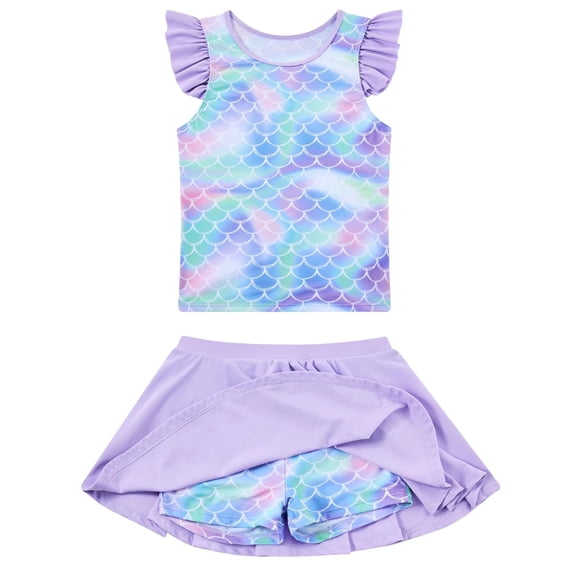 Lanbubble Girls Tankini Swimsuit Set Ruffle Sleeve 2-Pieces Bathing Suit Mermaid 7-8 Years