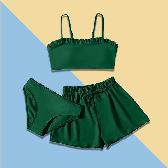 Girls Swimsuit Set 3 Piece Beach Bikini Bathing Suit Set with Shorts Cover up Rullfe Bathing Suit For 10-12