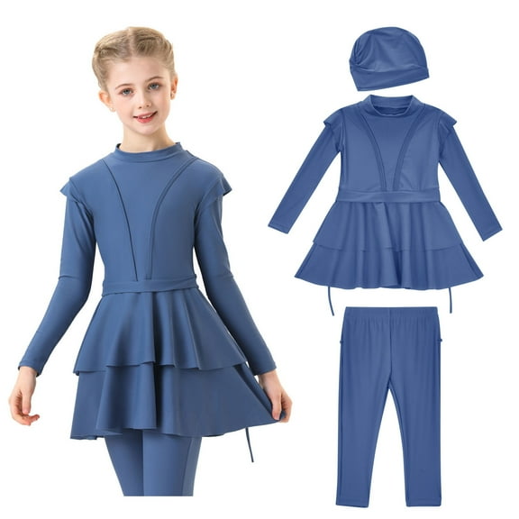 Girls Swimsuit Set 3 Piece Bikini Swimwear Set Full Cover Sport Kids Bathing Suits 8-9 Years