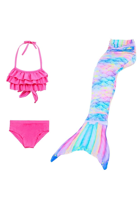 Girls Swimsuit Set 3-Piece Cute Sparkly Tail Ruffled Halter Bikini Sets Funny Solid Drawstring Adjustable Straps Beach Swimwear