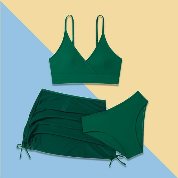 Girls Swimsuit Set 3 Piece Cute Tankini Swimsuits Set with Skirt Cover up Solid Girls Bathing Suit Size 9-10 Years