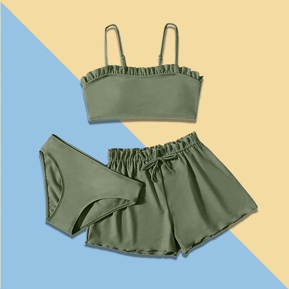 Girls Swimsuit Set 3 Piece Cute Tankini Swimwear Set with Shorts Cover up Rullfe Girls Bathing Suit Size 12-14