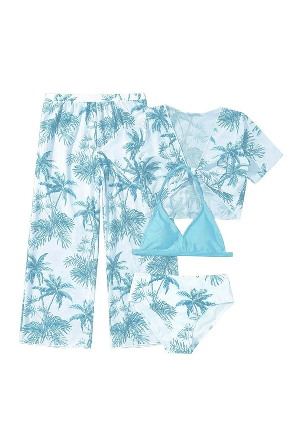 Girls Swimsuit Set Size 6 V-Neck Floral Print Cute Bikini Swimwear Loose Fit Summer Beach Bathing Suit for Summer Vacation,A-Mint Green,8Y(7-8 Years)