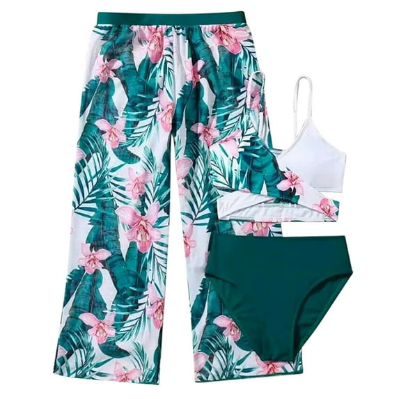 Girls Swimsuit Set Size 7 V-Neck Ruffle Floral High Waisted Bikinis Comfy Bikini Set with Wrap Skirts Beachwear,A-Dark Green,130(7-8 Years)