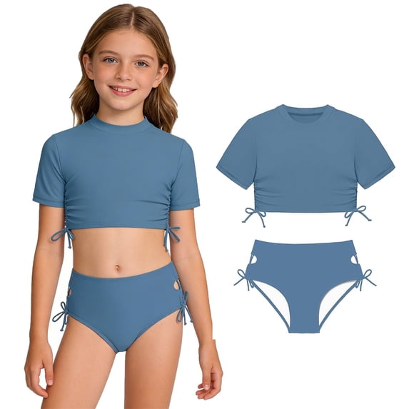 Girls Swimsuit Short Sleeve Crop Top Two Piece Bikini Set with Chest Pad Girls Swimsuit Size 5-6 Years