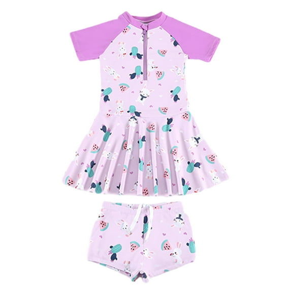 Girls Swimsuit Short Sleeve Half Zipper One Piece Skirt Bathing Suit Modest Print Patchwork Ruffle Beach Swim Dress 2-10Y on Clearance