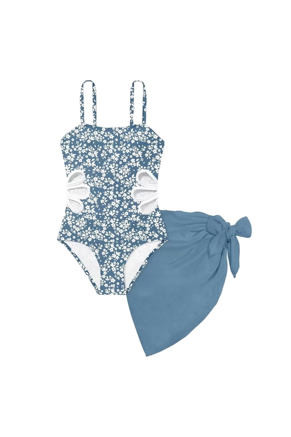 Girls Swimsuit Size 10-12 Cut Out One Piece Bathing Suit Adjustable Straps Swimwear with Cover Up Skirt Size 9-16