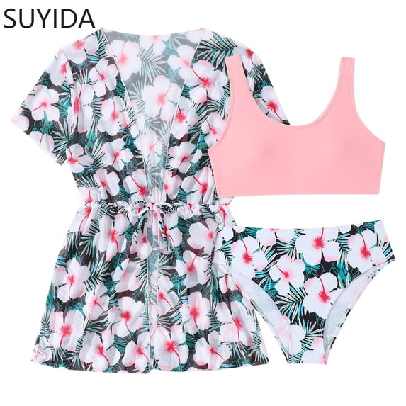 Girls Swimsuit Size 10 Ribbed Bikini Set Adjustable Straps Tankini Set 3 Piece Tropical Floral Girls Bathing Suit