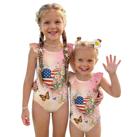 Girls Swimsuit Size 6-7 One Piece Swimsuit Summer Patriotic American Flag Butterfly Swimsuits Swimming Flutter Sleeve Beach Vacation Happy Festival Girls Bathing Suit Pink 9-10 Years