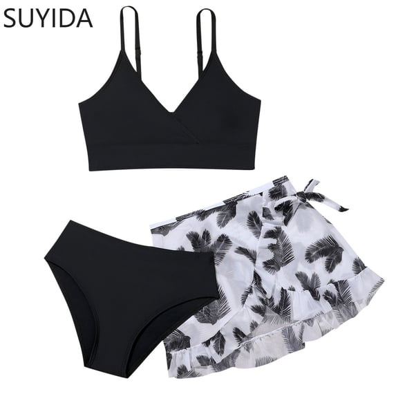 Girls Swimsuit Size 6 Ruched Side Girls' Bikini Sets Spaghetti Strap Girls Tankini Swimsuit 3 Piece Cute Pattern Print Bathing Suit