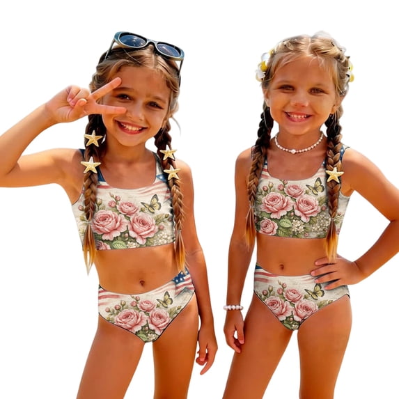 Girls Swimsuit Size 7-8 2 Piece Set Swimming Bathing Suits Patriotic Beach Vacation American Flag Floral Print Bikinis Summer Sleeveless Girls Clothes Kids Bikini Swim Suit Beige 7-8 Years