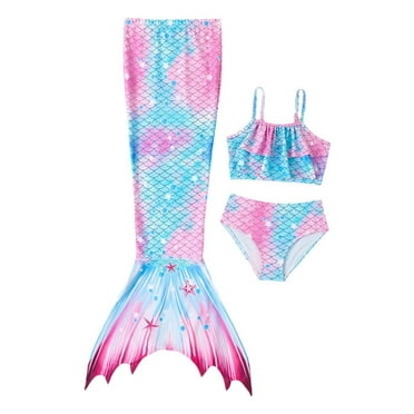 Girls Swimsuit Size 7 Halter Girls Rash Guard Mermaid Swimsuit Bikini Fish Tail Set Bathing Suit Bikini Set with Fishtail,10-11 Years,A-Blue